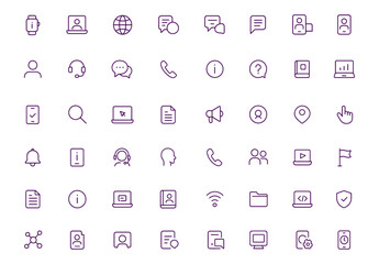 Smartwatch, Laptop, Mobile Device Information Icon Set, Vector Illustration with Adjustable Line Weight, Communication, Support, Contact, Help, Guide, Search, Digital Tech, Interface, Tablet