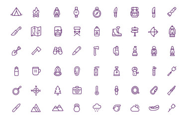 Camping Icon Set, Outdoor Adventure Vector Icons with Tent, Campfire, Lantern, Flashlight, Backpack, Compass, Knife, Map, Survival Gear, Hiking Tools, Adjustable Line Weight, Travel Illustration