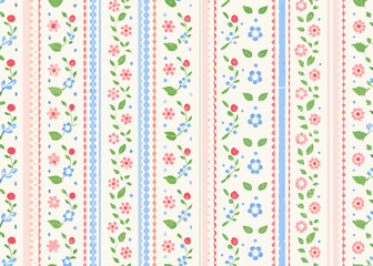 Charming floral stripes with pink and blue flowers and scalloped borders