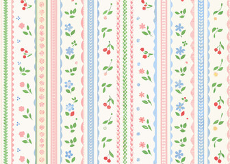Charming floral and cherry stripe pattern with pastel colors