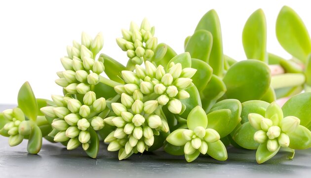 Close-up view of a cluster of vibrant green succulent plants with clusters of delicate, light-green flower buds, arranged attractively on a dark gray surface.