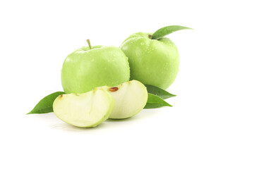 Fresh Green Apples with Water Droplets and Slice Isolated on White Background