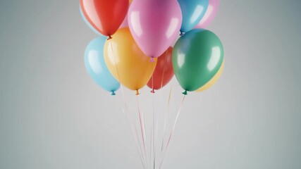 Ultra HD slow motion footage of colorful balloons floating upward in a pure white studio environment with bright soft lighting minimal shadows and cinematic clarity perfect for celebration branding an