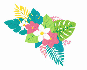 Tropical flower and leaf arrangement with vibrant colors