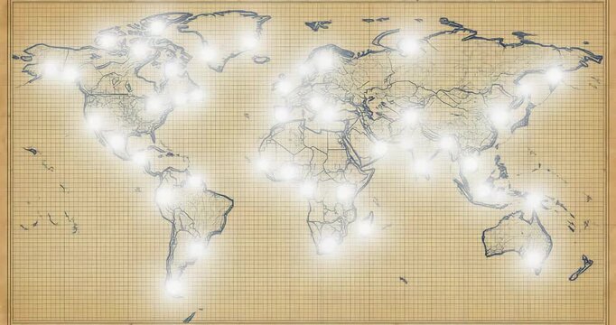 Starting animation showing outlined world map graph-paper grid, luminous hotspots emerging
