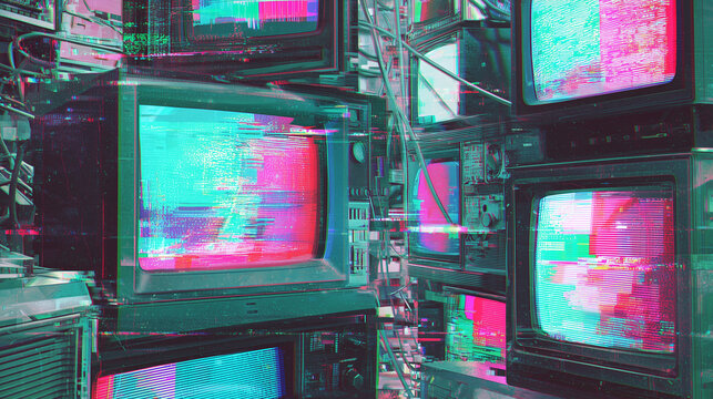 Vintage televisions stacked together display vibrant glitch art and static noise, evoking a retro-futuristic aesthetic