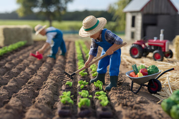 A charming image of miniature farmers tending a vegetable garden. AI Generated