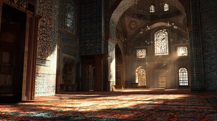 Obraz premium Step into history with this stunning interior of a mosque, bathed in golden light and rich with ancient artistry and culture