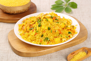 Turmeric Fried Rice with Mixed Vegetables on Wooden Serving Board - Healthy Asian Cuisine