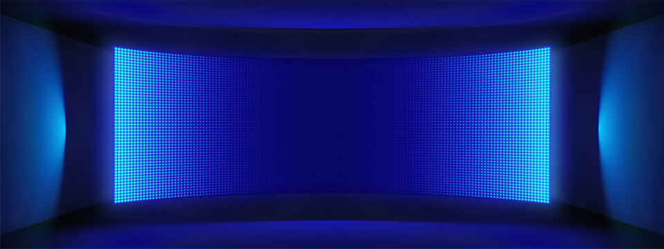 Blue LED wall panel with LCD video effects and digital display textures. Stadium concert backdrops or studio monitor patterns for music events. Neon glow grids or abstract pixel effects for club enter