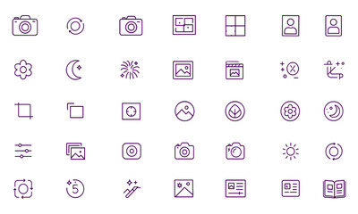 Photography Camera Vector Icon Set, DSLR, Instant Camera, Photo Editing, Composition, Crop, Portrait, Landscape, Macro, Night, Fireworks, Photo Album, Creative Studio, Snapshot, Exposure