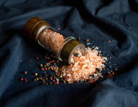 Himalayan pink salt in a wooden grinder with colorful peppercorns, scattered on dark fabric background - Powered by Adobe