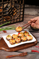 Steamed Stuffed Mushrooms with Garlic Vermicelli Noodles Asian Appetizer Dish
