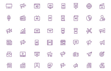 Advertisement icon set, digital marketing media symbols, billboard, banner, podcast, television, mobile web, interface, vector outline, communication, broadcast, commercial, promotion, campaign