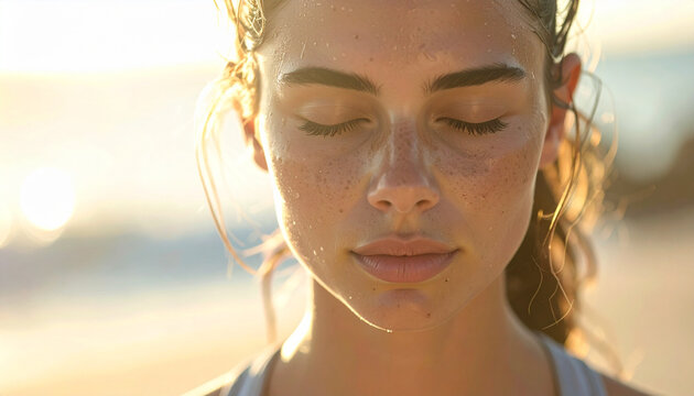 Serene woman with closed eyes shows transformation and weight loss journey, glowing skin and peaceful expression in natural sunlight - Powered by Adobe