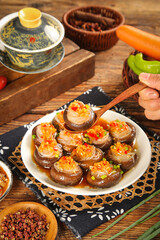 Steamed Shiitake Mushrooms Stuffed with Vermicelli Noodles Asian Signature Dish on Wooden Table