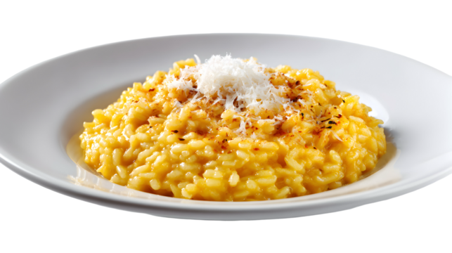 Classic Risotto alla Milanese, a creamy saffron risotto from Milan. Topped with grated Parmesan cheese and fresh herbs in a white plate. Isolated.