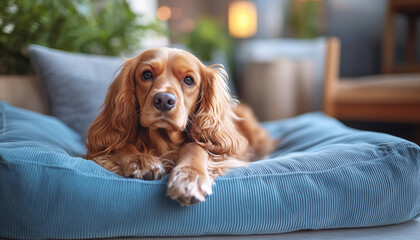 Cocker Spaniel rests comfortably, cozy sofa behind adding warmth. Bright lighting enhances atmosphere.  Corduroy dog bed sits in cozy home setting, featuring soft fabric texture. Lovemy pets concept.
