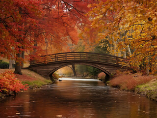 Wooden Bridge over a Peaceful Stream in Autumn Forest