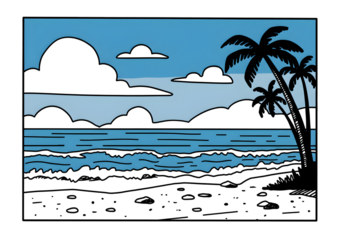 Coastal Beach Illustration Featuring Palm Trees Ocean Sky and Waves