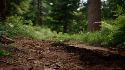 Fototapeta premium Forest Trail Under Gentle Sunlight with Lush Greenery and Earthy Ground Texture