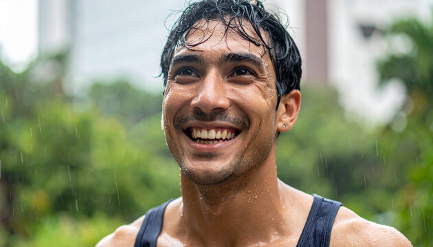 Transformation weight loss success happy young man outdoor fitness motivation healthy lifestyle rain smile