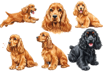 Cocker Spaniel Dogs Illustrations Set In Various Poses On Transparent Background