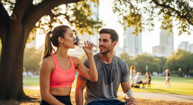 Healthy Couple Enjoying Refreshing Drinks After Outdoor Fitness Session in Park - Powered by Adobe