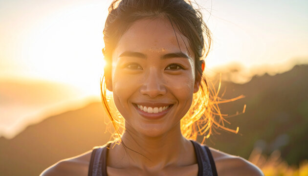 Radiant young woman smiling outdoors at sunrise showing transformation weight loss healthy lifestyle happiness - Powered by Adobe