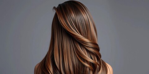 Naklejka premium Cascading brunette tresses, flawlessly smooth, against a neutral gray backdrop, beautiful hair, dark brown hair