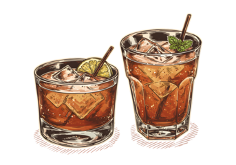 Cocktail Illustration on Transparent Background with Ice Cubes and Garnish