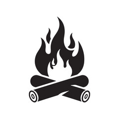 Clean Black Silhouette Campfire Icon with Stacked Logs and Dynamic Flame Shapes