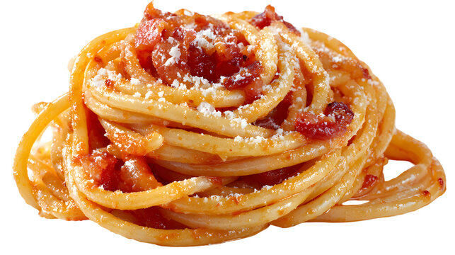 A gourmet portion of Bucatini all'Amatriciana, elegantly served as a pasta nest with guanciale sauce and grated Pecorino. Isolated food shot.