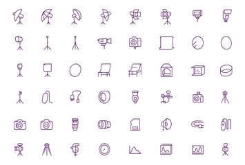 Fototapeta premium Photography Studio Icon Set, Vector Lighting Equipment, Softbox, Flashes, Tripod, Reflector, Background, Studio Flash, Lightbox, Product Photography Table, Cable, Accessories