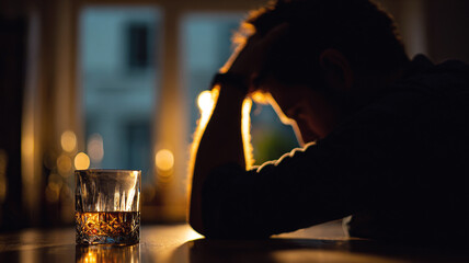 Person struggling with mental health and alcohol problem at home
