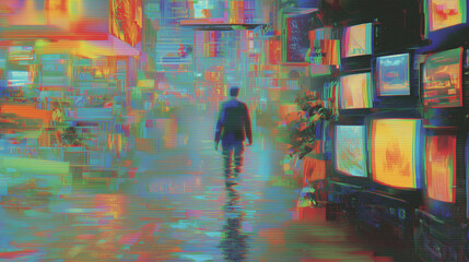Businessman walking through glitching digital landscape, surrounded by retro televisions, vaporwave cyberpunk aesthetic