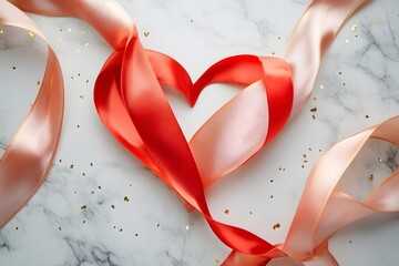 red ribbon heart and pink satin ribbon create romantic decoration with love concept, valentine’s day theme and elegant background with marble texture