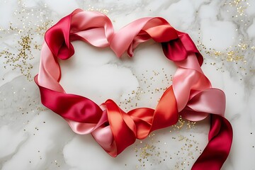 red ribbon heart and pink satin ribbon create romantic decoration with love concept, valentine’s day theme and elegant background with marble texture