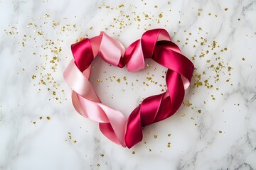 red ribbon heart and pink satin ribbon create romantic decoration with love concept, valentine’s day theme and elegant background with marble texture