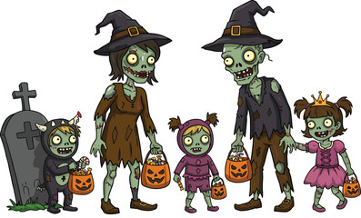 Cute zombie family dressed as witches and monsters trick-or-treating with pumpkin candy buckets near gravestone, Halloween cartoon illustration
