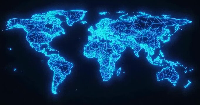 Appearing and glowing neon-blue triangular wireframe world map in dark void with mesh lines