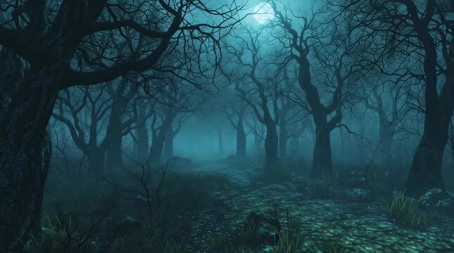Mystical Forest: A hauntingly beautiful vista of a moonlit forest, where ancient trees stand as silent sentinels beneath a darkened sky.