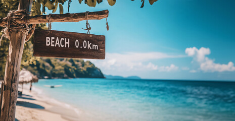 Wooden sign with BEACH 0.0KM on shore with ocean waves and palm beach in background bathed in warm sunlight. Aged wood texture contrasts with smooth sand and blue water creating a serene coastal scene