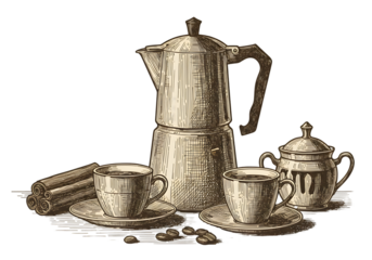 Coffee Pot and Cups Illustration with Brown Tones on Transparent Background