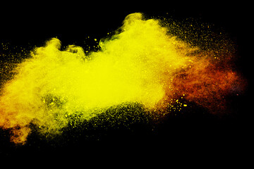 White powder or flour explosion isolated on black background.