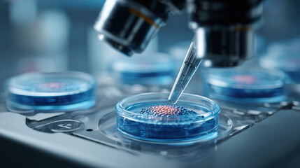 Pipette dropping liquid on stem cells in petri dish in laboratory under microscope, concept of stem cell research and treatment