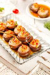Steamed Shiitake Mushrooms Stuffed with Vermicelli Noodles Asian Appetizer Dish