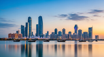 Naklejka premium Modern City Skyline Reflecting on Calm Water During Golden Hour Twilight