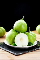 Fresh Green Shaanxi Pears on Plate - Healthy Organic Fruit from China
