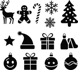 Christmas icon set, festive holiday symbols, gift boxes, reindeer, snowflake, candy cane, Christmas tree, Santa hat, seasonal vector 
